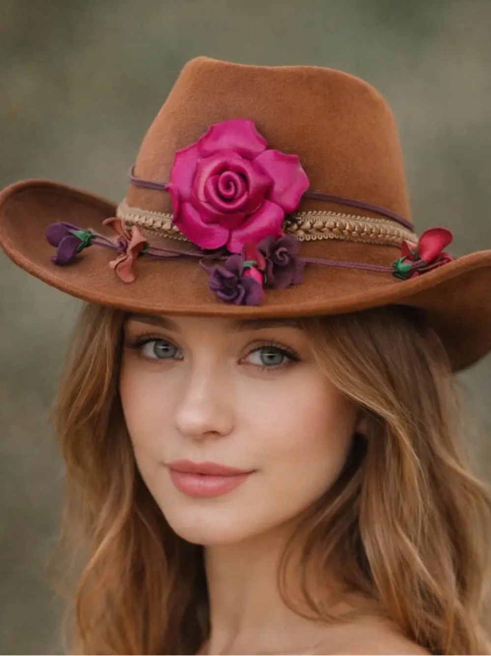 Women’s Brown Felt Fedora Hat with Pink Rose Accent